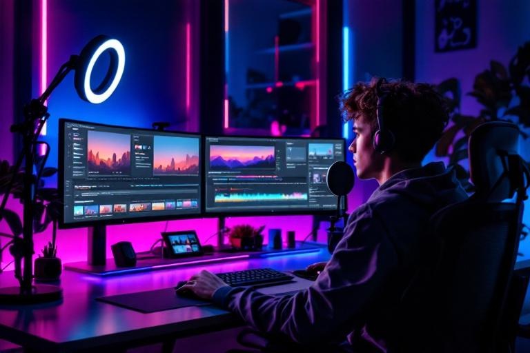 Content creator at multi-monitor editing setup